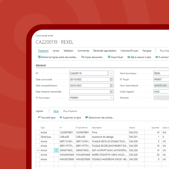 écran d'achat et stocks de l'ERP batiment